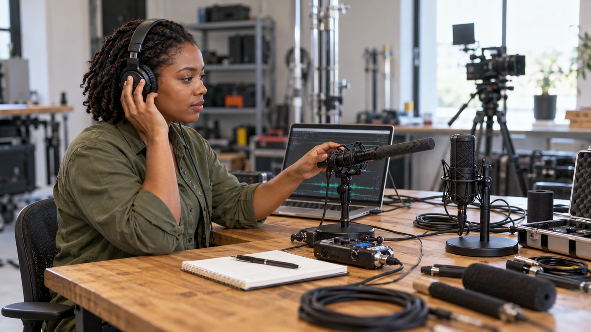 Une technicienne règle le placement d’un microphone sur une table.