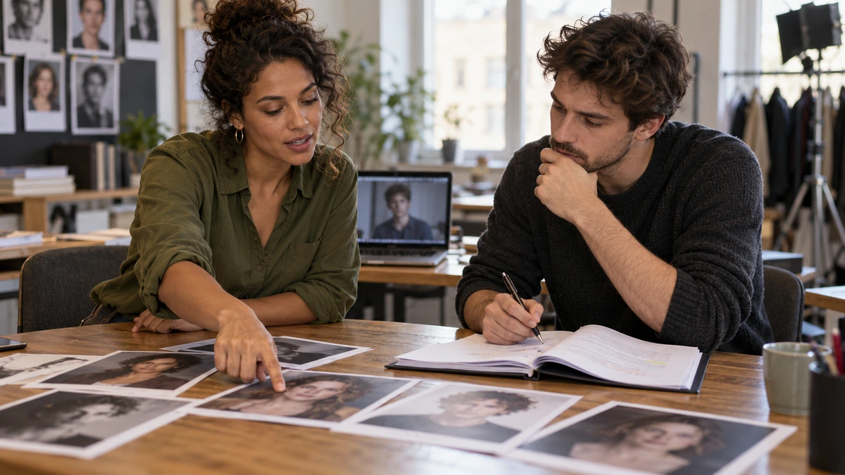 Deux membres d’une équipe examinent des candidatures et des photographies pour un casting.