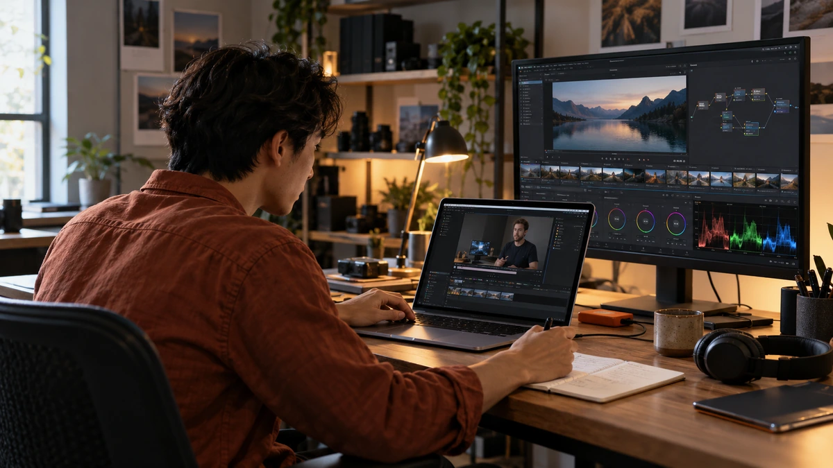 Un homme suit une vidéo de cours et travaille sur des images de paysage à son bureau.