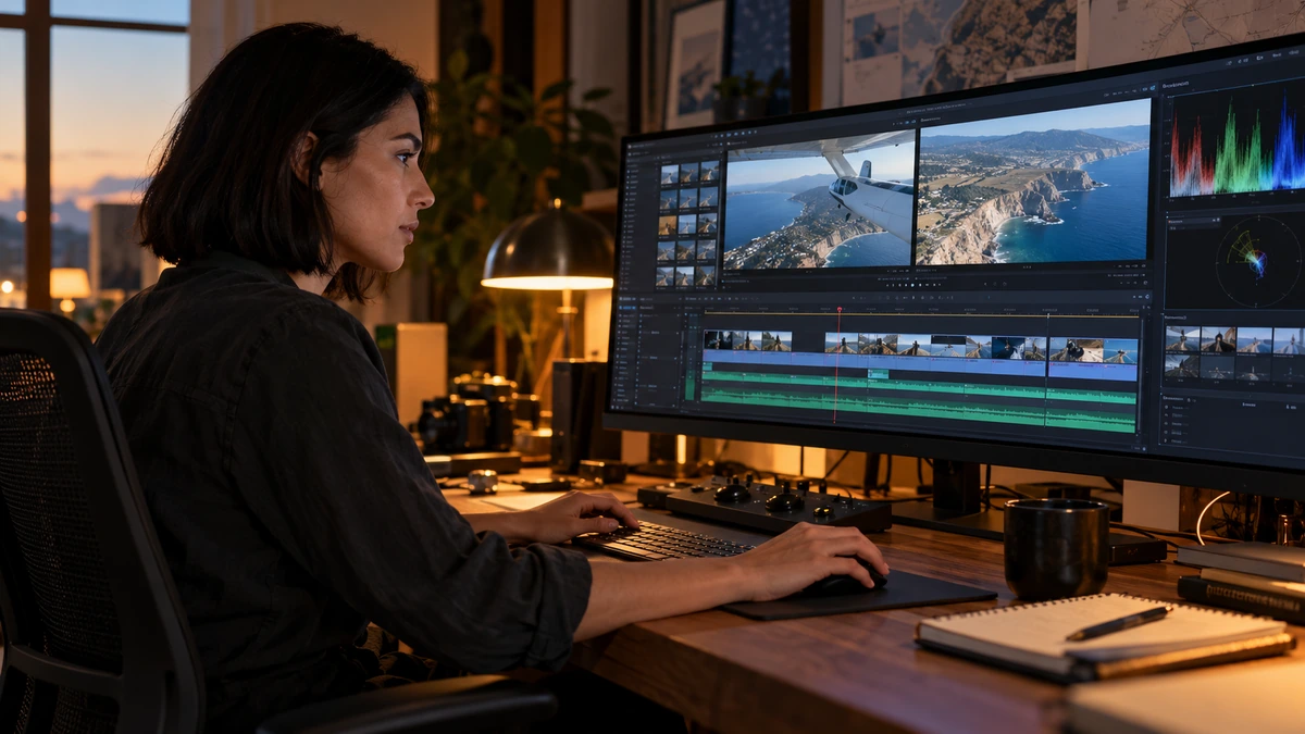 Une personne prépare une séquence et ses médias dans un logiciel de montage.