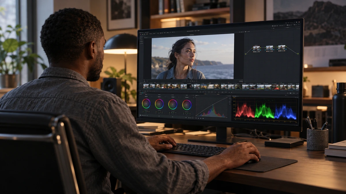 Un étalonneur examine un visage dans la page couleur d’un logiciel.