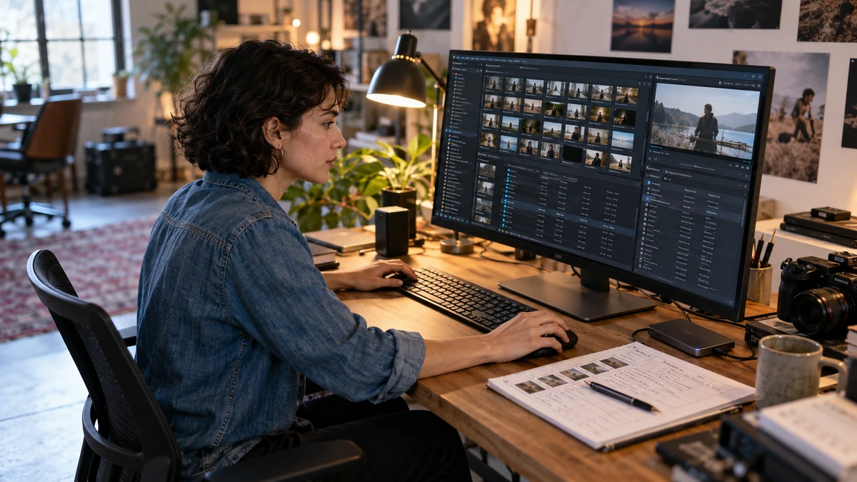 Une femme organise des médias devant un écran et une fiche de travail.