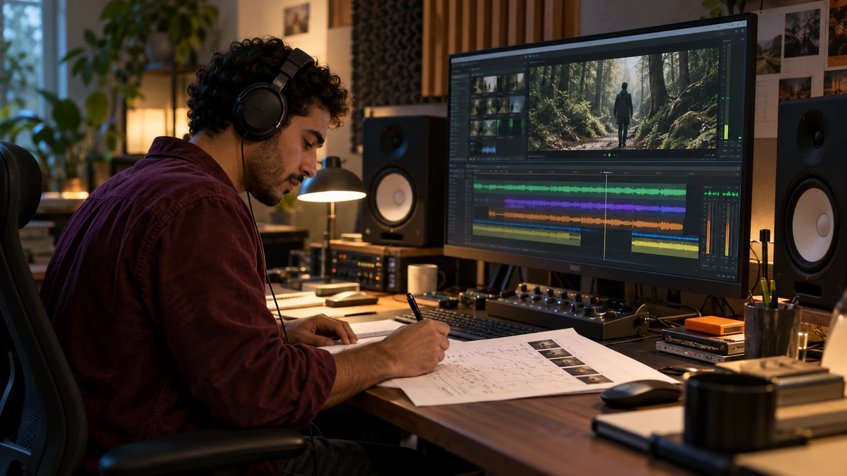 Un homme au casque prend des notes devant un montage avec image et pistes sonores.
