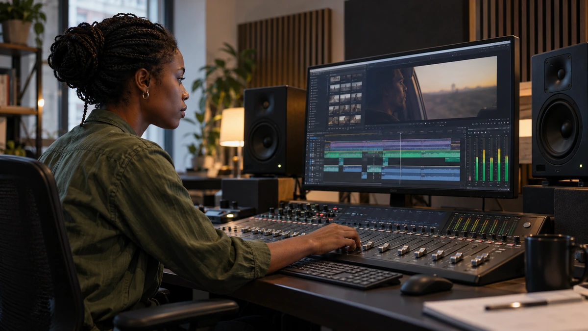 Une mixeuse vérifie des pistes audio devant une console.