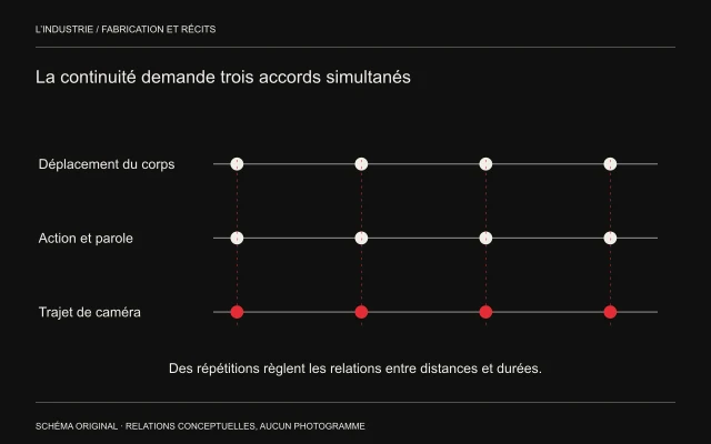 Des repères alignés relient déplacement du corps, action-parole et trajet de caméra.