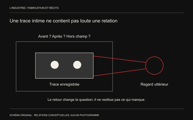 Deux présences dans un cadre enregistré sont réexaminées depuis un regard situé hors de ce cadre.