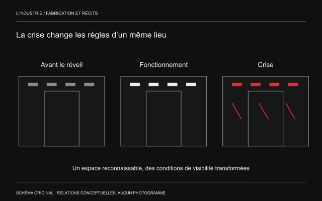 Un même couloir est comparé avant le réveil, en fonctionnement et en crise, avec des sources et indices de visibilité différents.