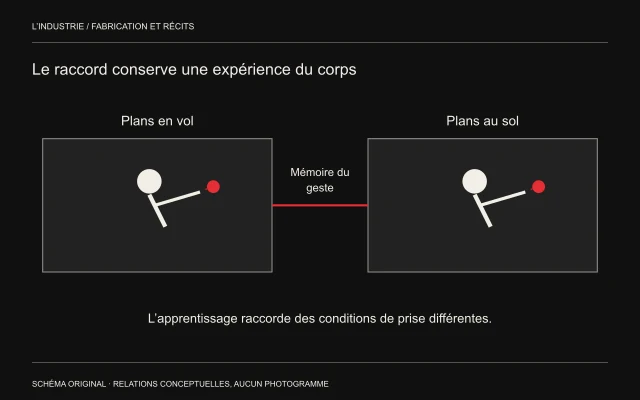 Deux configurations de prise sont reliées par la mémoire du même geste vers un objet rouge.