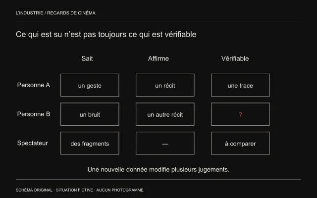 Trois lignes de positions sont comparées entre savoir, affirmation et fait vérifiable ; certaines cases restent incertaines.