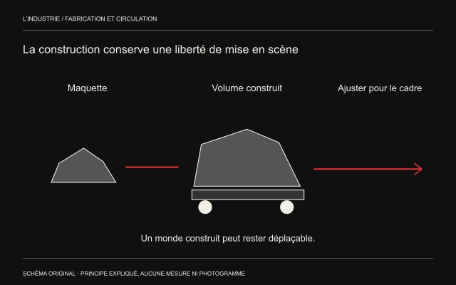 Une petite roche-maquette devient un volume sur chariot; une flèche latérale indique le déplacement pour ajuster la composition.