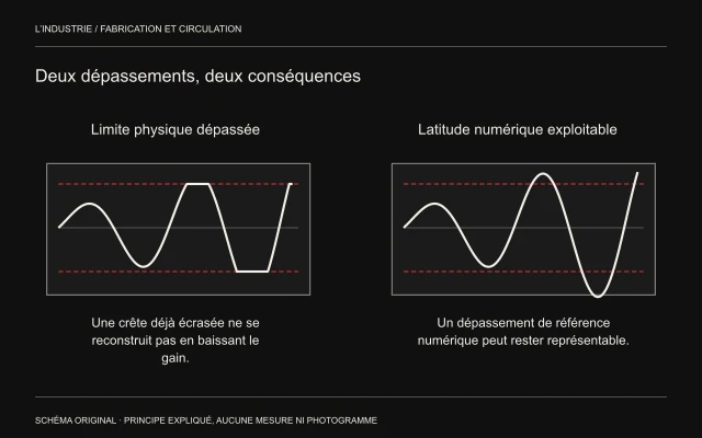 À gauche une onde a les crêtes écrasées; à droite une onde reste entière au-delà de lignes de référence symboliques.