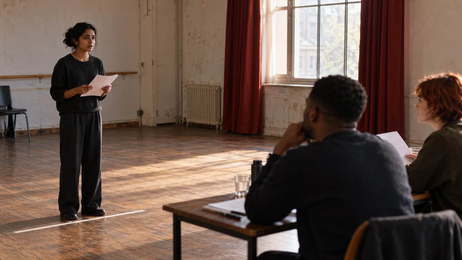 Une comédienne debout fait face à deux personnes de casting assises à une table ; un espace vide les sépare dans la salle de répétition.