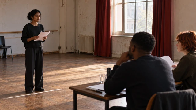 Une comédienne debout fait face à deux personnes de casting assises à une table ; un espace vide les sépare dans la salle de répétition.
