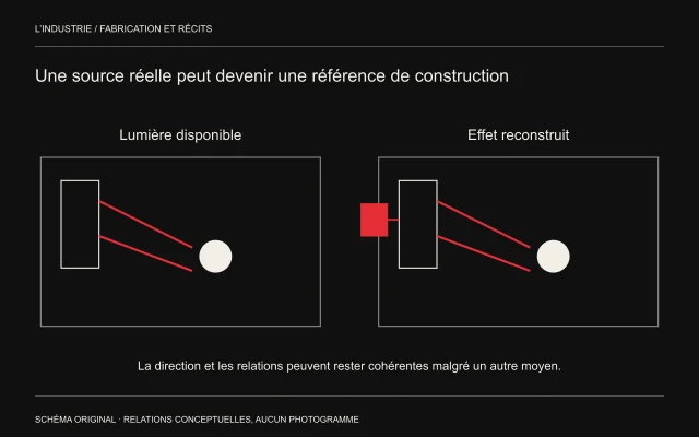 Une fenêtre dirige la lumière vers une figure; dans un second espace, une source extérieure reconstruit une direction comparable.
