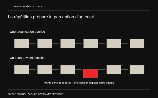 Deux séries de six rectangles réguliers; dans la seconde, un rectangle rouge est décalé vers le bas.