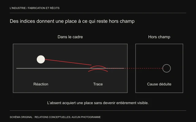 Un regard vise une trace dans le cadre; un lien pointillé situe une cause supposée hors champ.