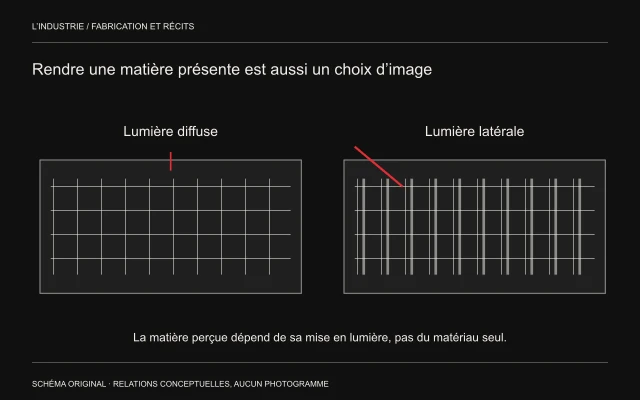 Deux grilles textiles originales comparent une lumière diffuse et des ombres latérales schématiques.