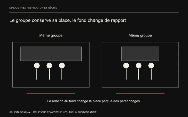 Deux groupes de trois silhouettes identiques se détachent devant des fonds de proportions différentes.