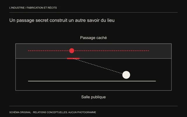 Une circulation rouge cachée longe une salle publique et permet d’observer une présence par une ouverture.