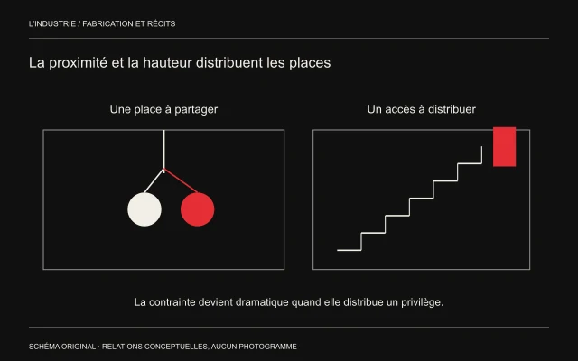 Deux présences convergent vers une ouverture; à droite un escalier mène à un espace rouge en hauteur.