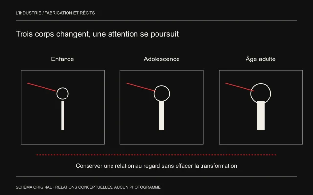 Trois cadres montrent des silhouettes qui grandissent avec un repère rouge de même direction.
