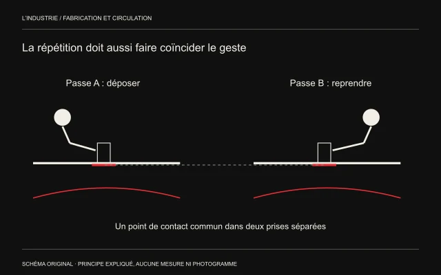 Deux passes montrent déposer puis reprendre un verre au même repère sur une table; deux courbes identiques symbolisent le mouvement répété.