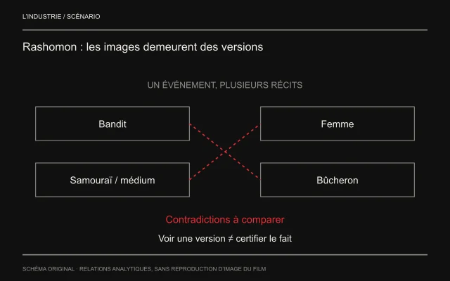 Quatre plages de parole nomment bandit, femme, samouraï via médium et bûcheron. Des lignes croisées discontinues invitent à comparer les divergences, sans flèche qui convertirait une version en réalité garantie.