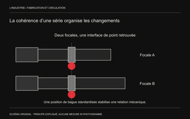 Deux objectifs fictifs de longueurs différentes ont la même bague alignée sur un moteur de point, indiquée par une verticale commune.