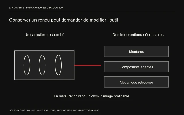 Un objectif abstrait est relié à trois interventions : montures, adaptation des composants et remise en état mécanique.