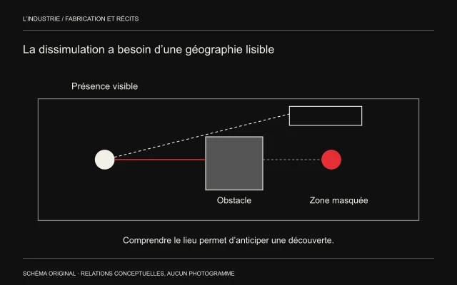 Deux présences sont séparées par un volume; une ligne de vue interrompue explique la dissimulation.