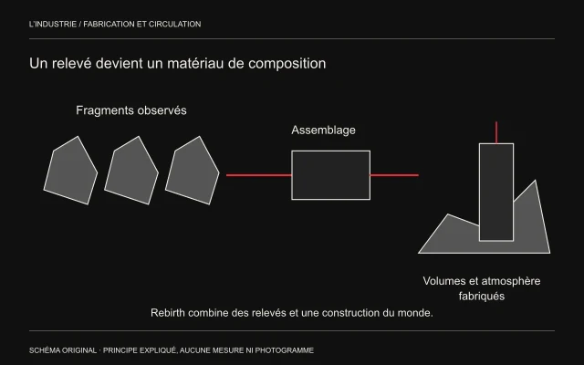 Trois roches observées passent par un assemblage puis rejoignent un paysage et une architecture inventés, pour distinguer relevé et monde final.