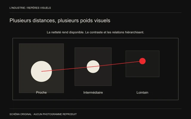 Trois zones de profondeur avec des cercles de tailles décroissantes; des lignes rouges relient les distances et un cercle rouge attire le regard au fond.