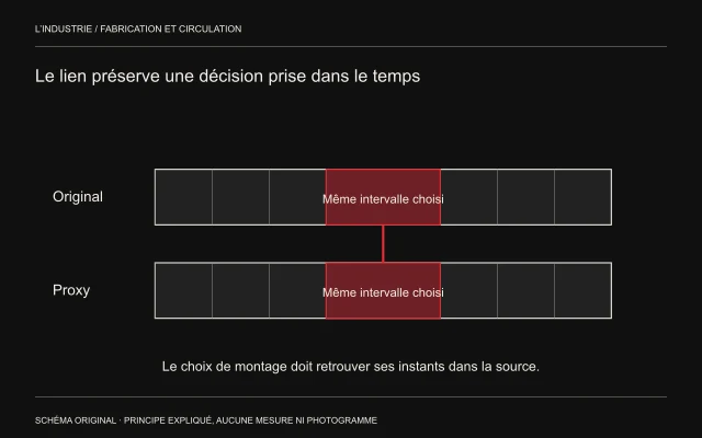 Deux bandes Original et Proxy ont les mêmes divisions et le même intervalle rouge, reliés verticalement pour expliquer le retour aux sources.