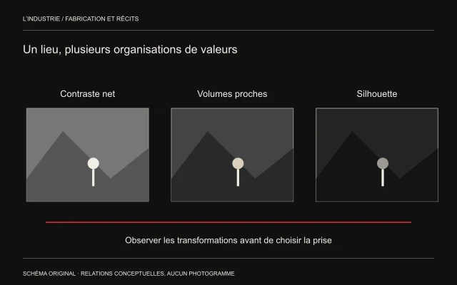 Trois vues d’un relief identique montrent des contrastes et une silhouette de lisibilité différente.