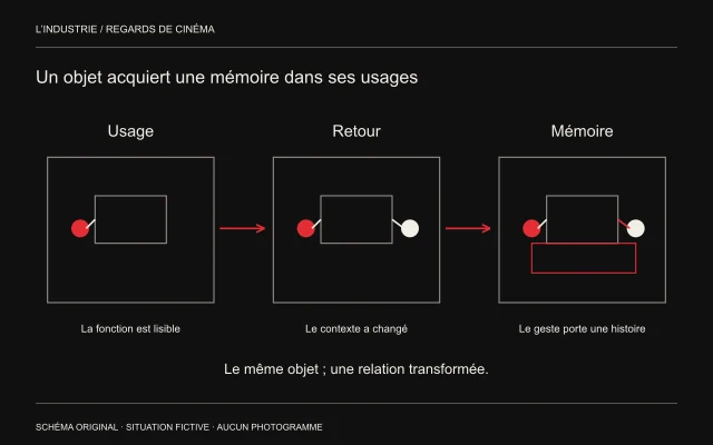 Trois cadres conservent un objet tandis que son contexte d’usage et la mémoire du spectateur évoluent.