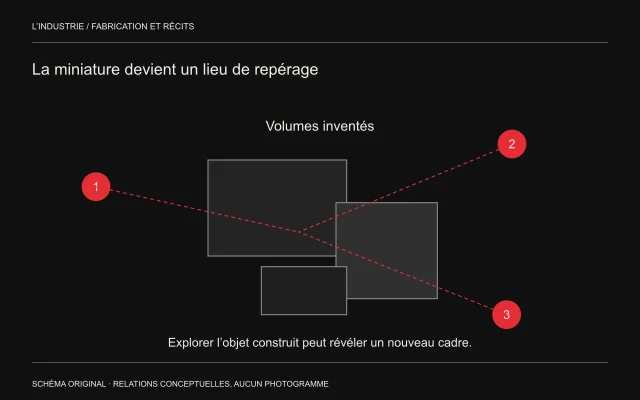 Trois points de vue rouges convergent vers un assemblage de volumes imaginaires.