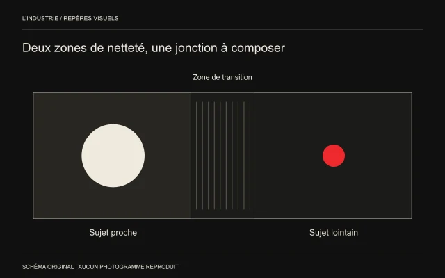 Un grand cercle proche à gauche et un petit cercle lointain à droite sont séparés par une bande de transition hachurée.
