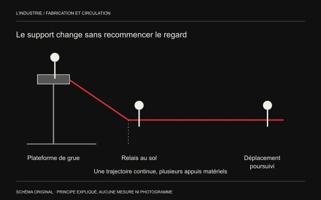 Une plateforme élevée rejoint le sol par une ligne rouge puis celle-ci se poursuit horizontalement avec un opérateur en mouvement.