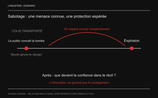 Une ligne relie transport du colis et explosion. L’écart entre public informé et Stevie ignorant soutient une courbe d’espoir d’empêchement. Après le dénouement, une question distincte porte sur la confiance dans le récit.