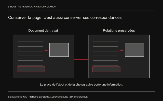 Deux pages inventées conservent les mêmes liens entre lignes de texte, ajout et photographie avant et après une opération de préservation.