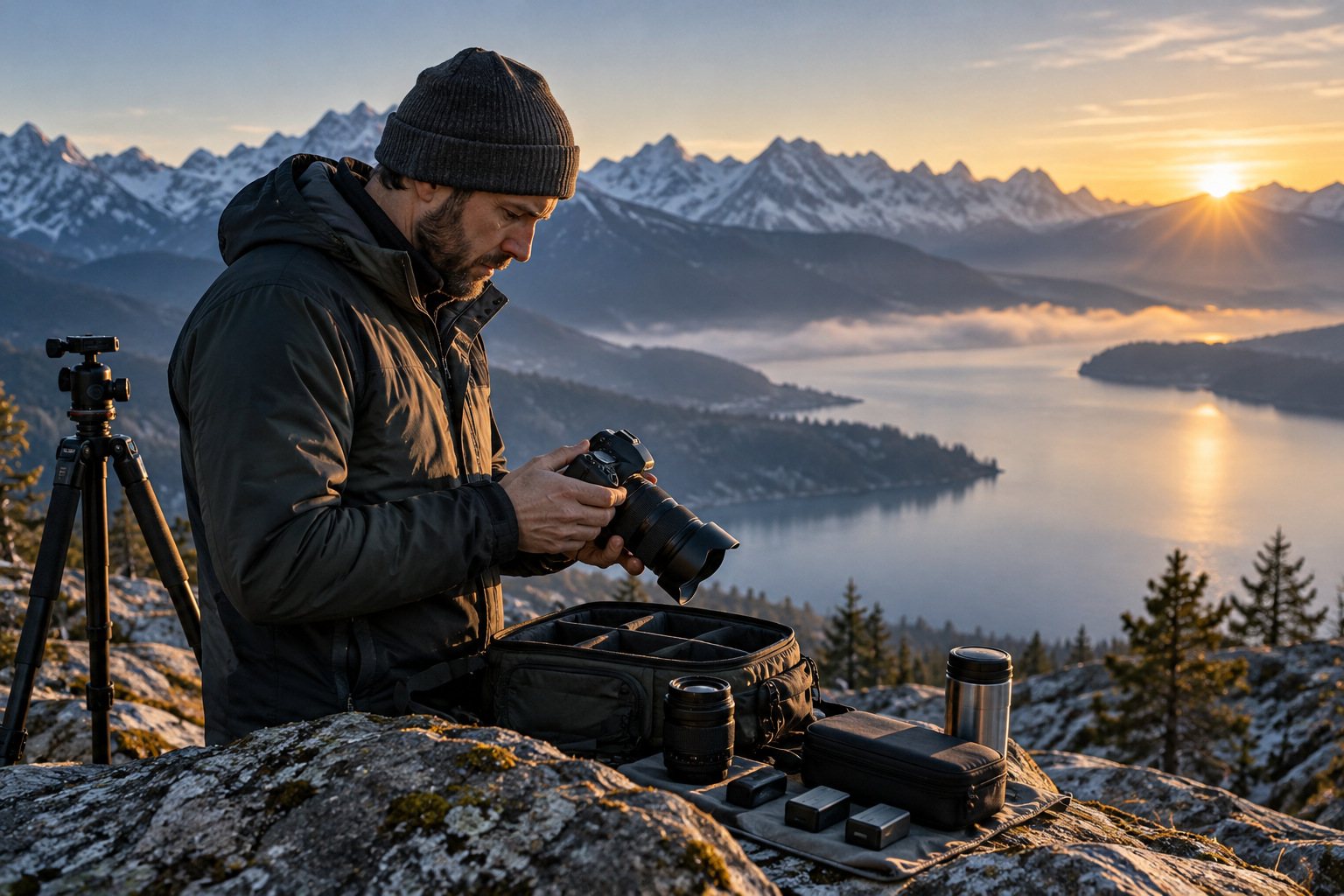 Vérification d’un appareil photo et de son équipement en extérieur.