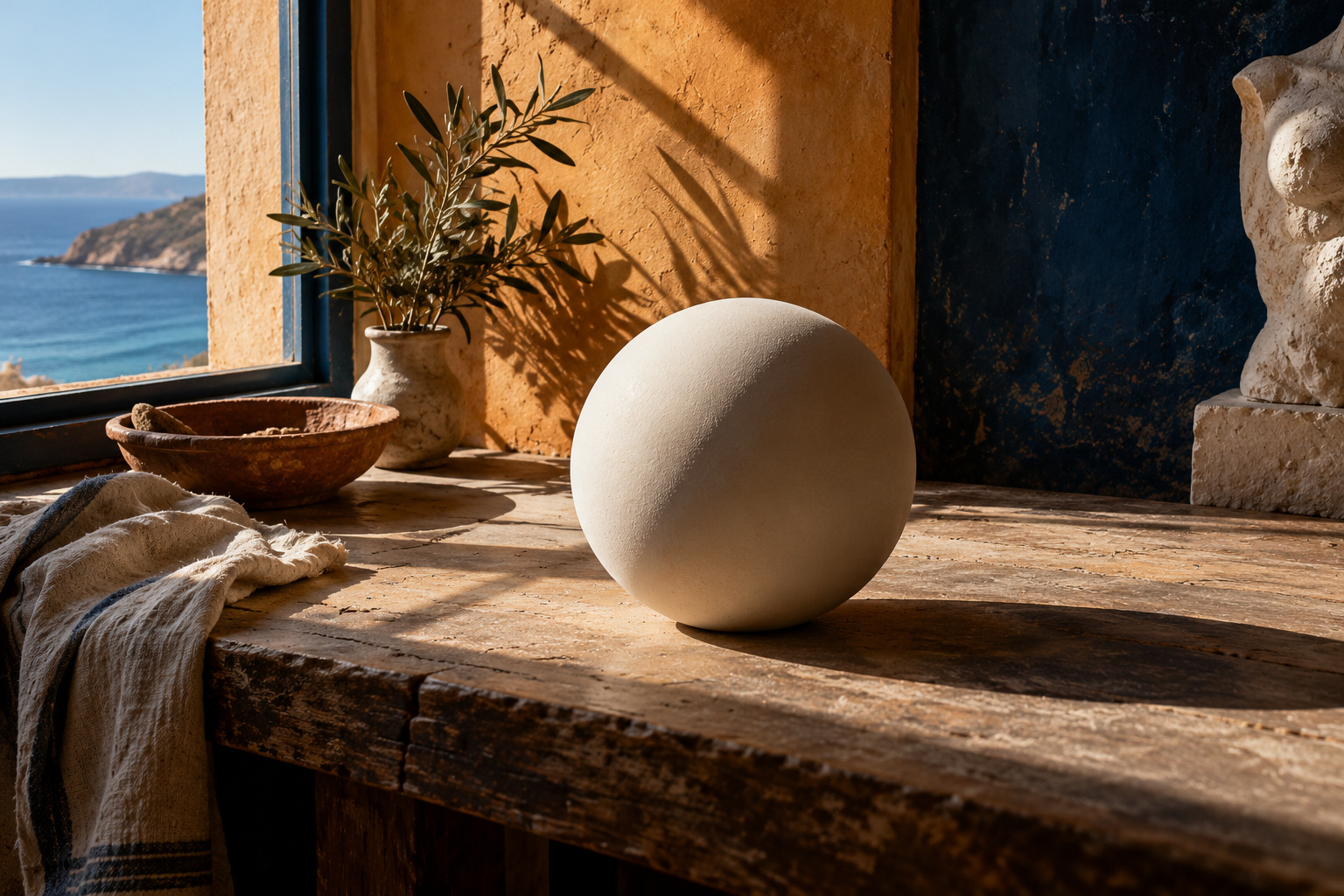 Une sphère et son ombre dans un décor éclairé latéralement.