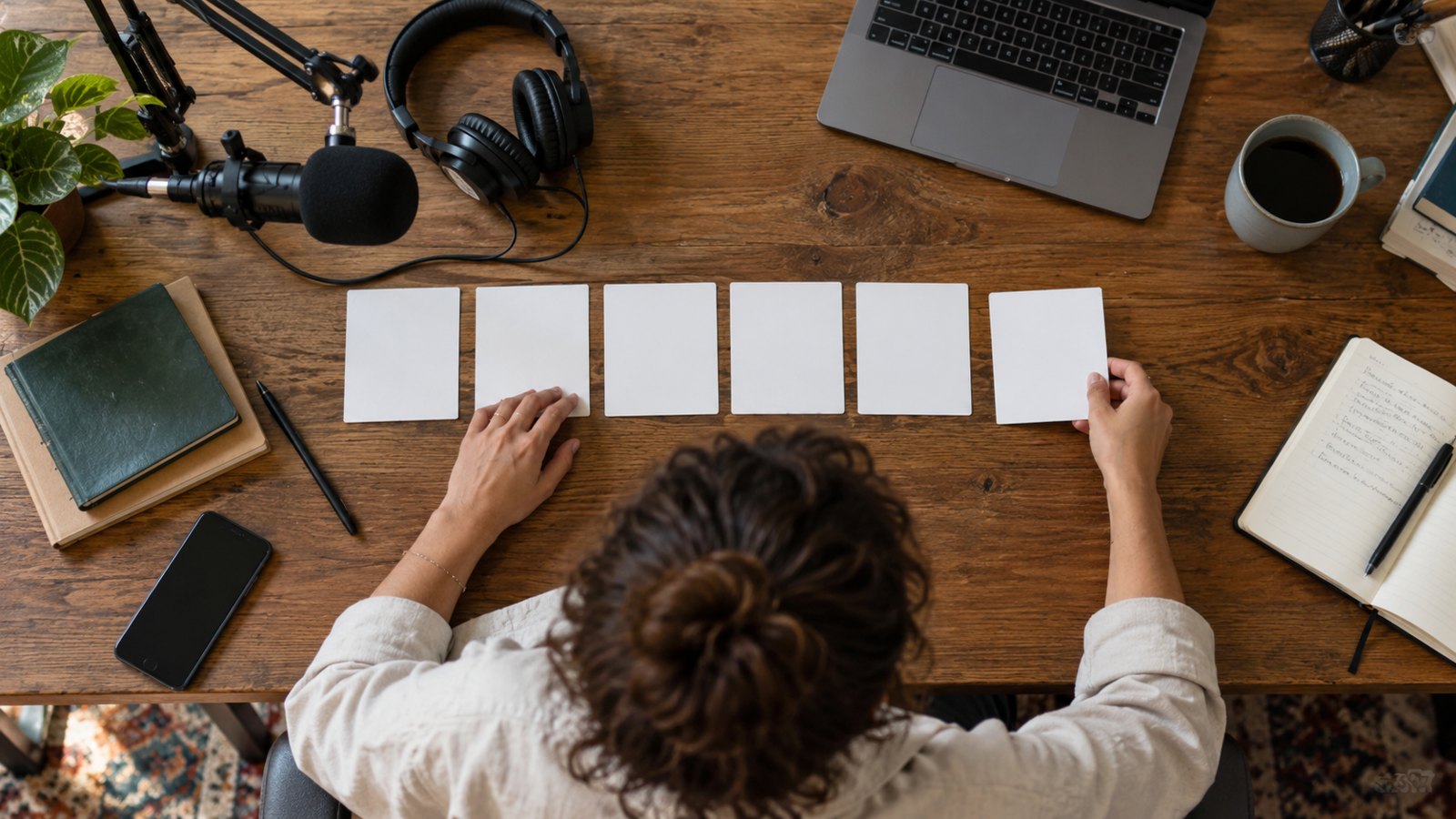 Cartes de préparation d’un entretien, avec microphones et casque.