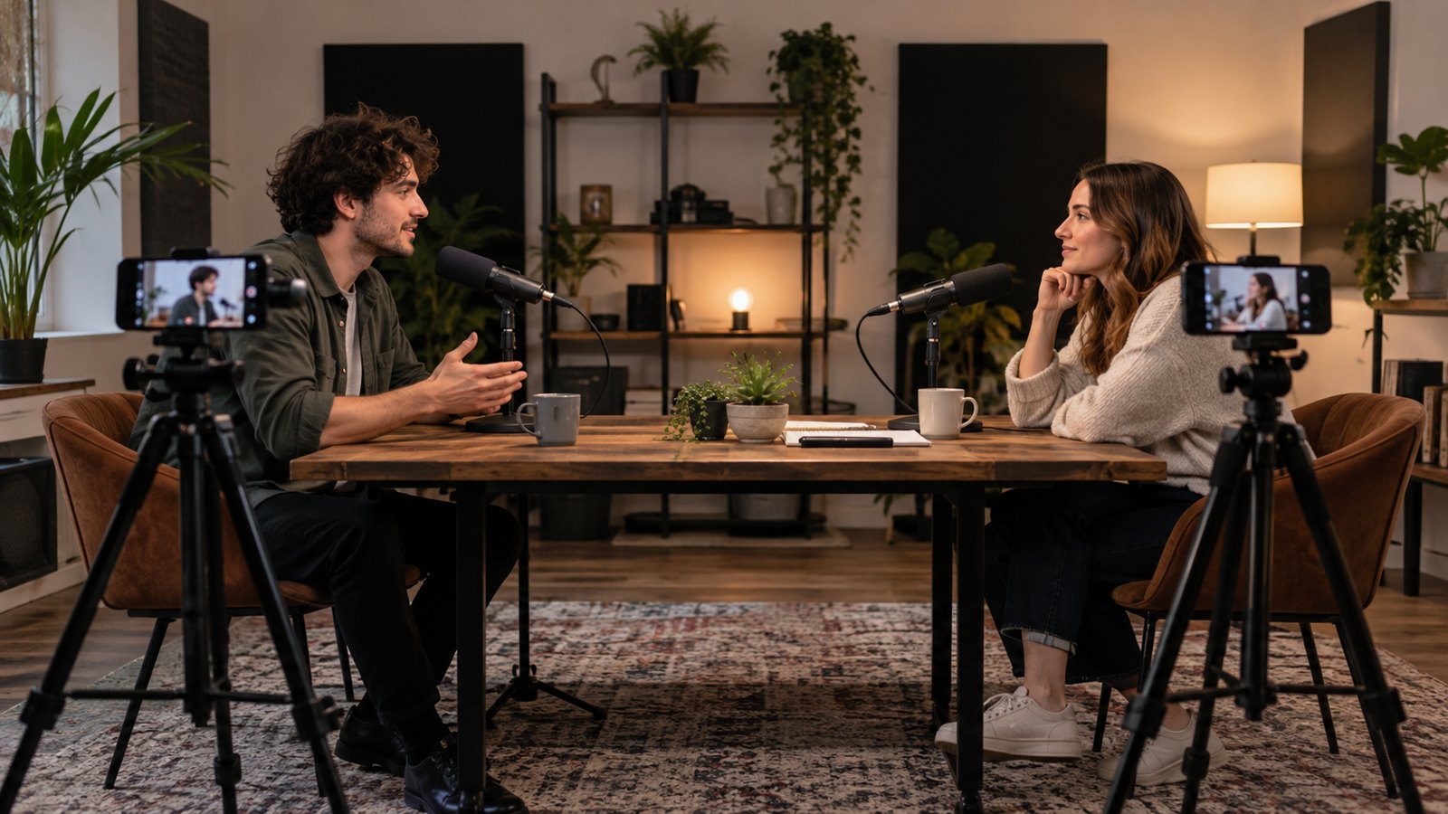 Un entretien filmé avec la caméra et le microphone disposés face à l’invitée.