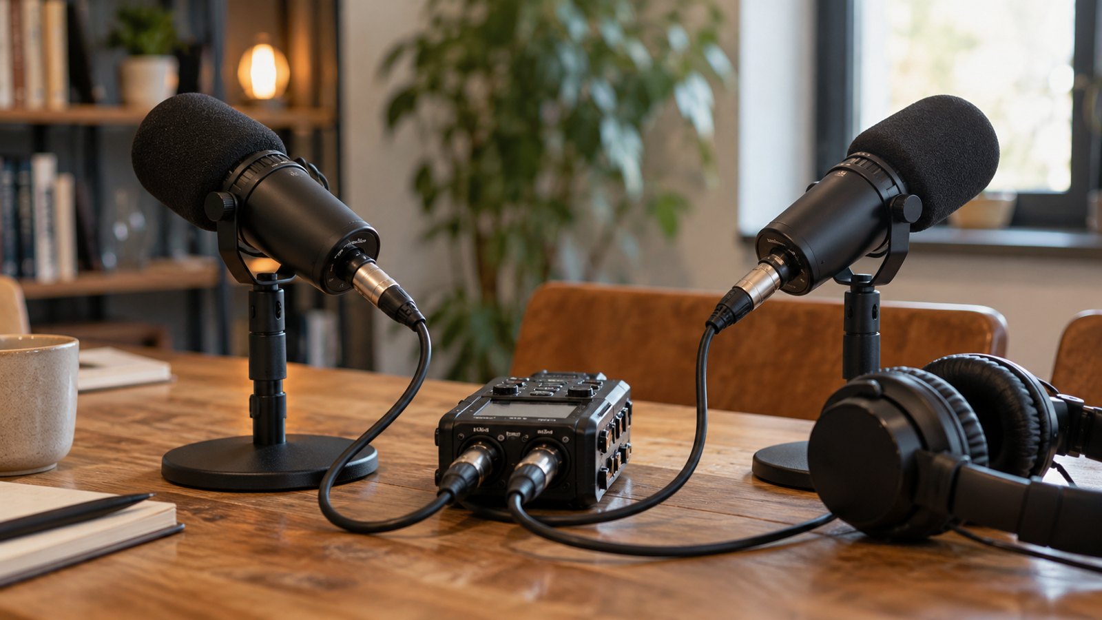 Deux microphones, un casque et un enregistreur préparés sur une table.