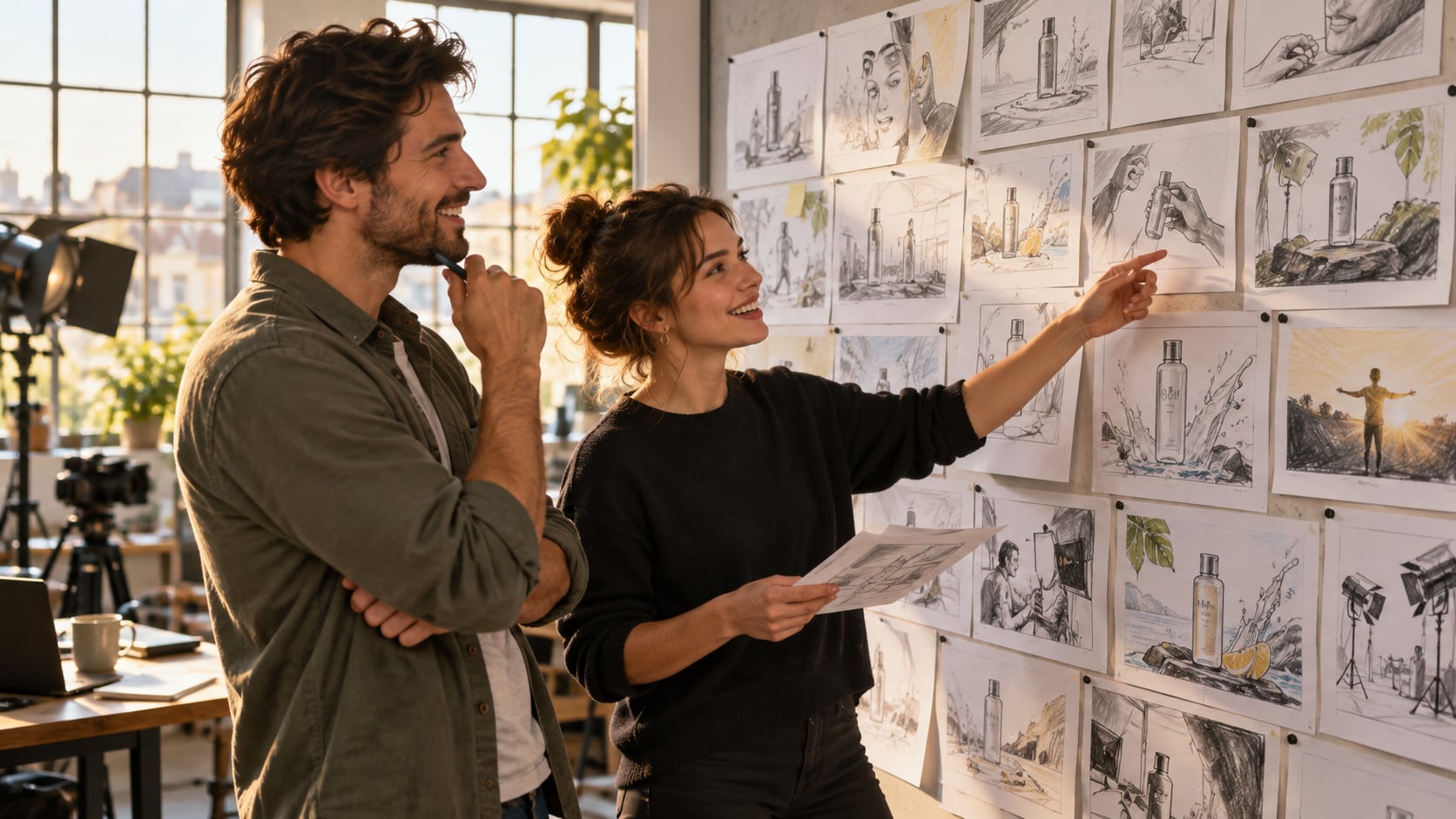 Préparation d’un découpage avec des croquis affichés au mur.